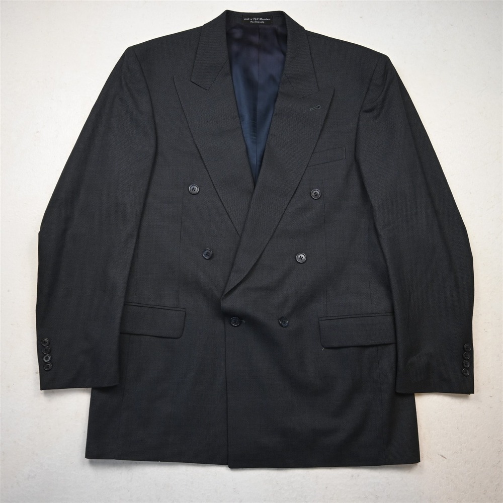 Vtg Mens Double Breasted 42L Blue Basketweave Wool Blazer Suit Jacket Sport Coat